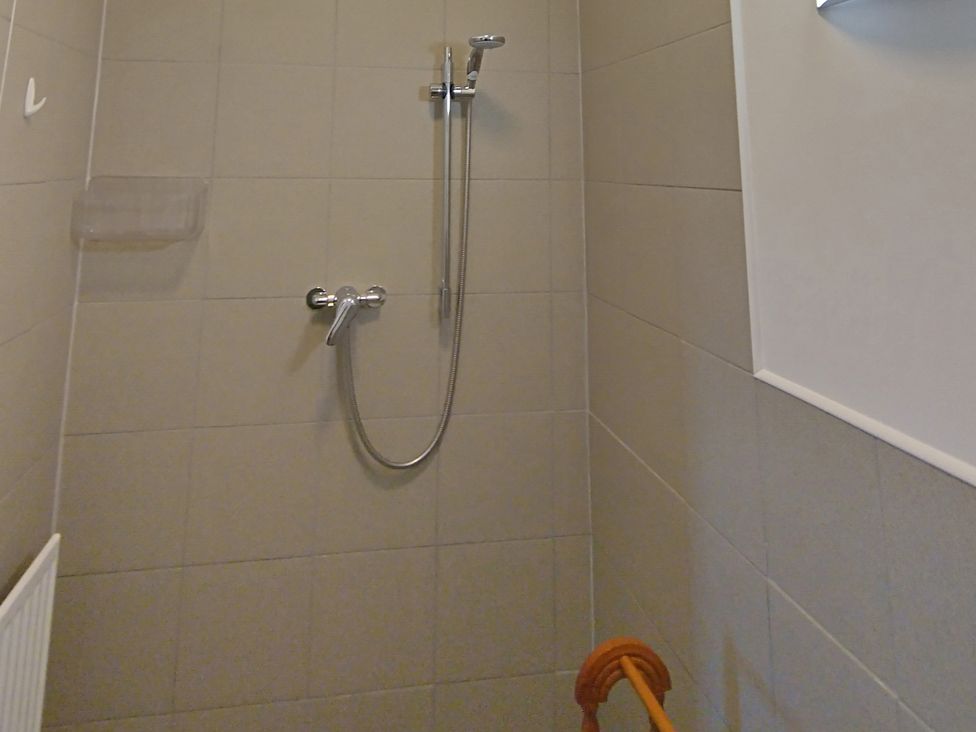 A shower with a wall-mounted soap dish and grab rail at Linhay Barn Saltash