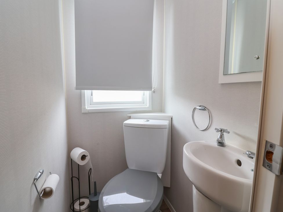 A bathroom with a toilet and a washbasin at Carvan CP10 in Prestatyn