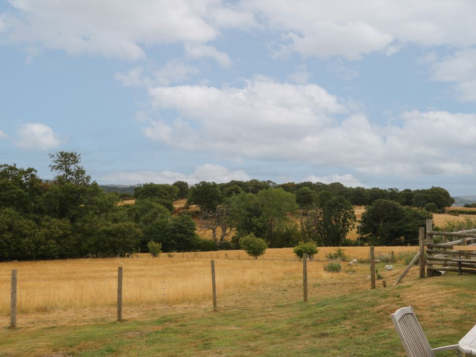 A field with trees and a fence at The Byre in Conwy