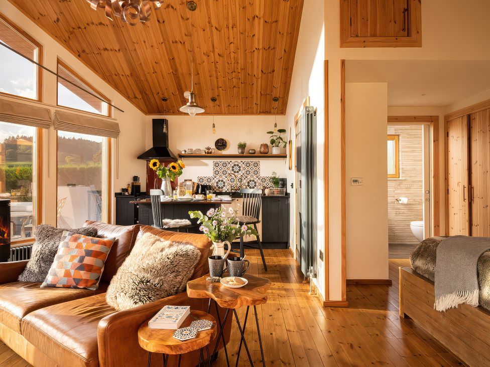 A living room with a kitchen and dining area at Cwtch Log Cabin in Llandrillo