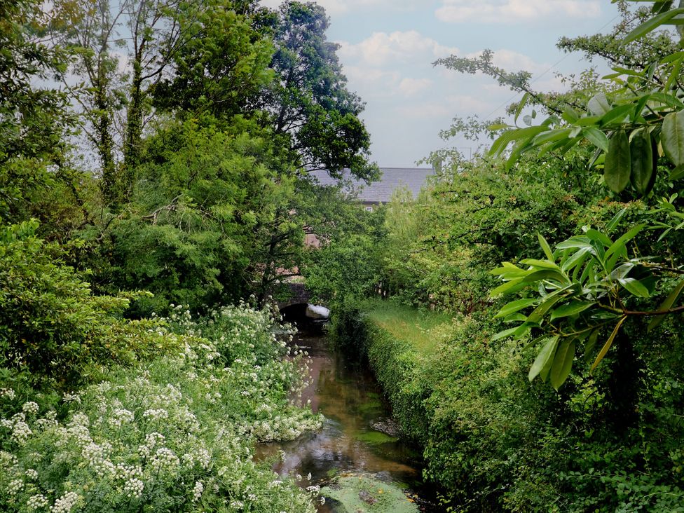 A view of a stream with trees and flowers near a bridge at 2 North Road, Maiden Newton, Dorset