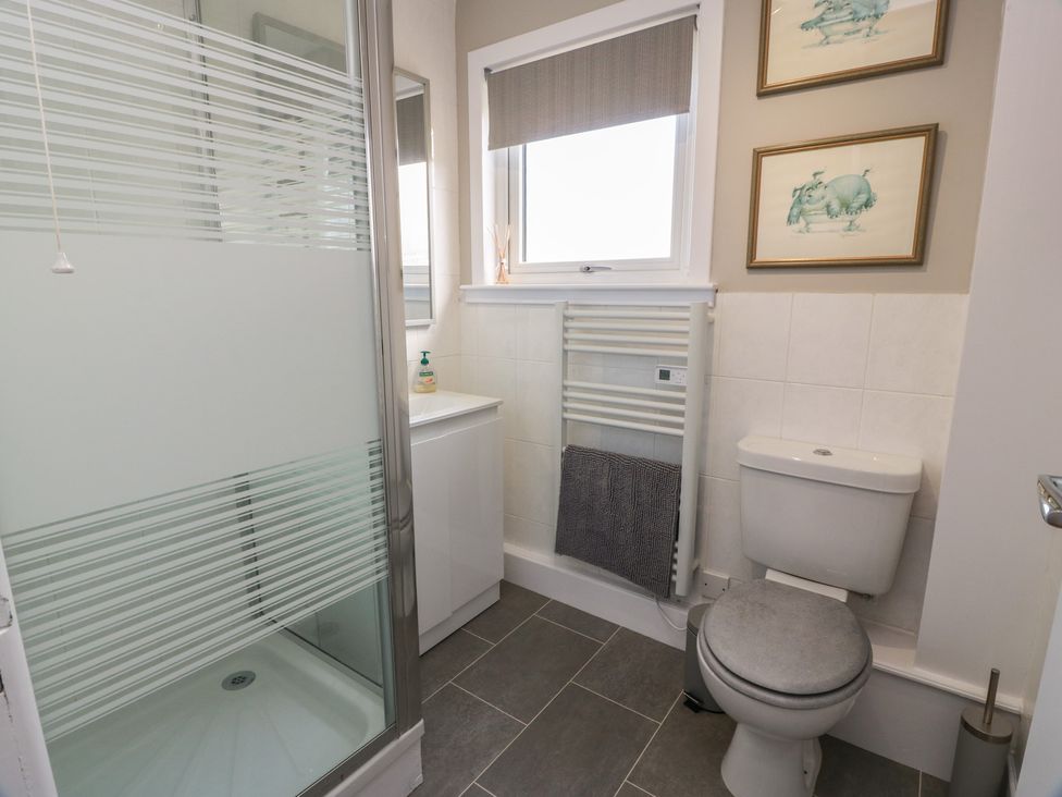 A bathroom with shower, washbasin, and toilet at 15 Laigh Isle