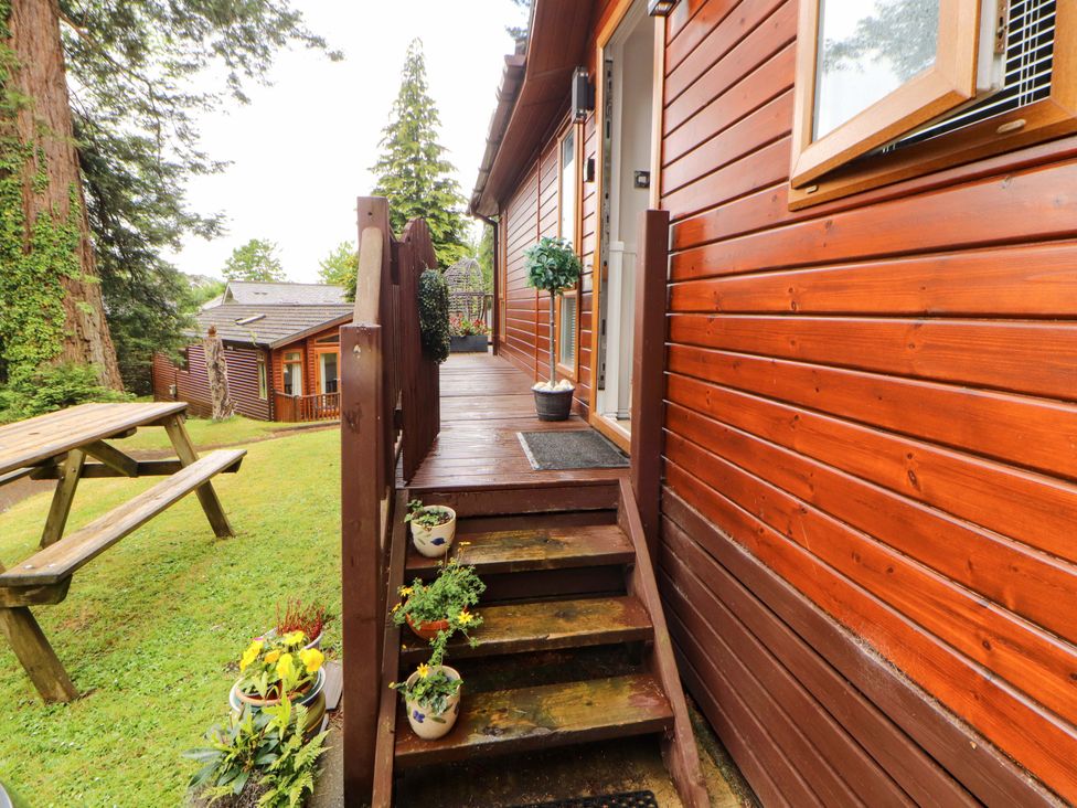 Steps leading to a wooden lodge with plants and a picnic table at Jodene Lodge, Redwood 2 Bowness-On-Windermere