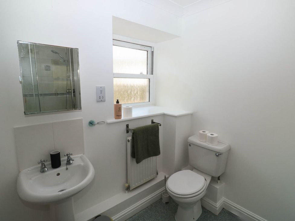 A bathroom featuring a sink, toilet, and shower at Flat 1 in Kingsteignton