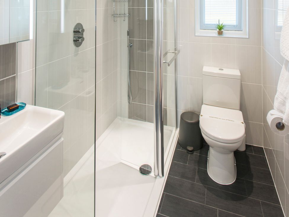 A bathroom with a shower, toilet, and sink at Barbara in Portreath