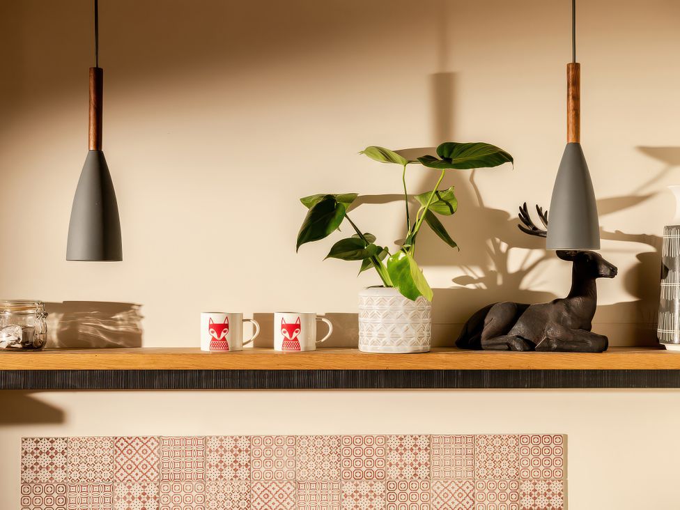 A kitchen with a shelf featuring mugs, a plant, and decorative items at Hyggelig Log Cabin Llandrillo