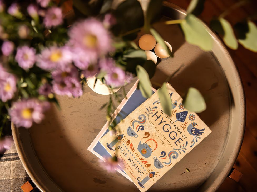 A tray with a book and flowers at Hyggelig Log Cabin in Llandrillo