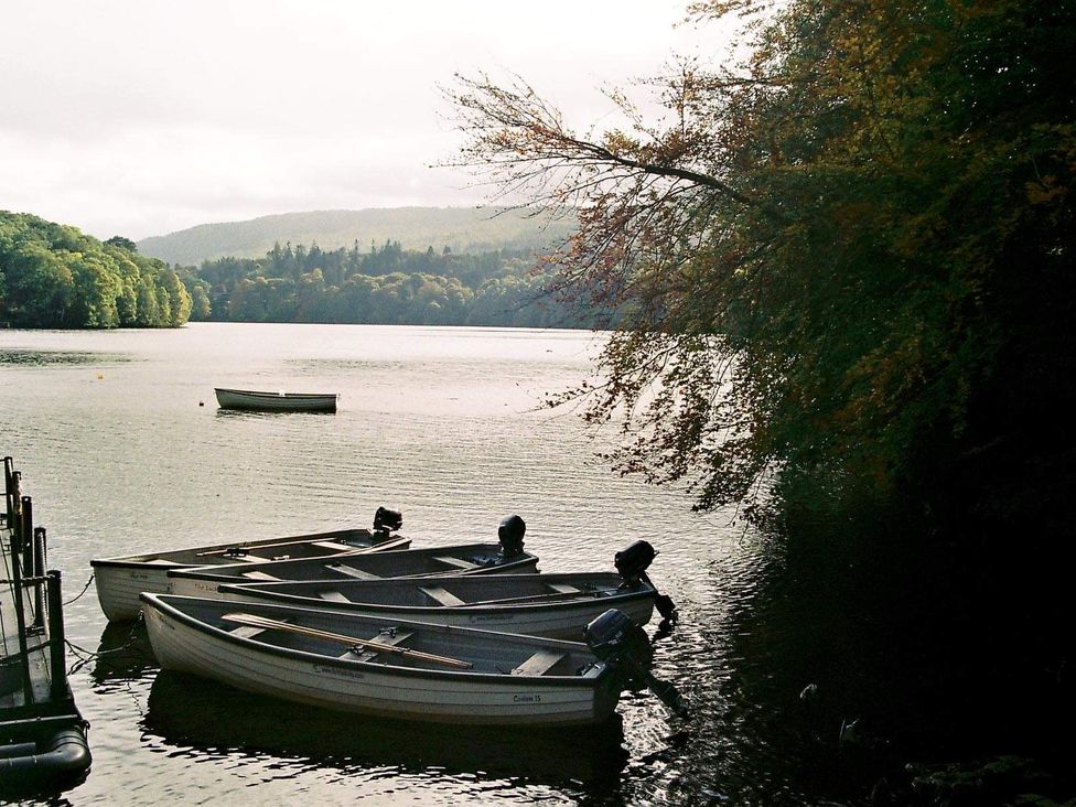 Boats on the water at a lake surrounded by trees at Stylish Highland retreat in the heart of town Pitlochry