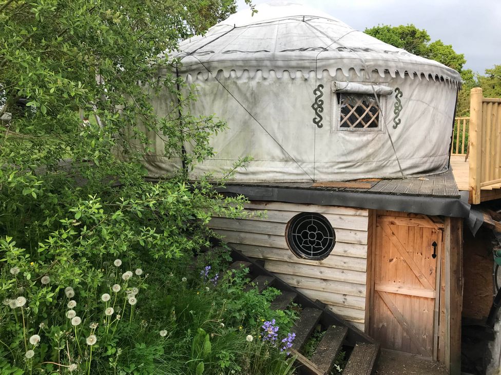 An outdoor yurt structure with a wooden door and surrounding plants at Hapus Yurt - Two Beautiful Yurts and Barn Cottage