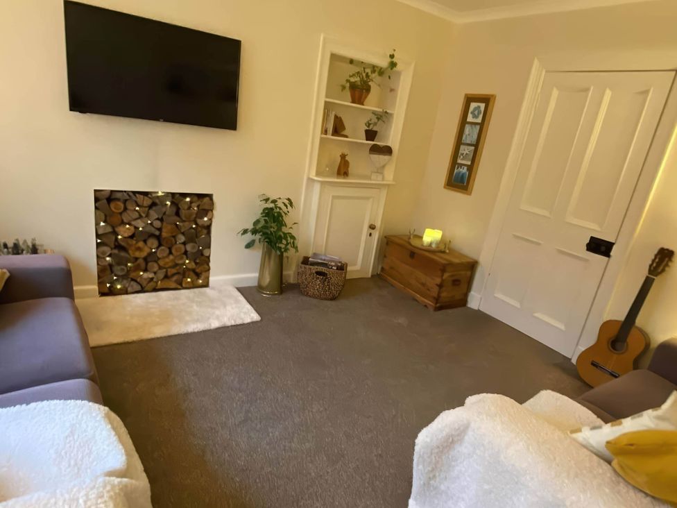 A living room with a television and a sofa at Pet-friendly coastal flat with fire pit and views, Newburgh, Fife