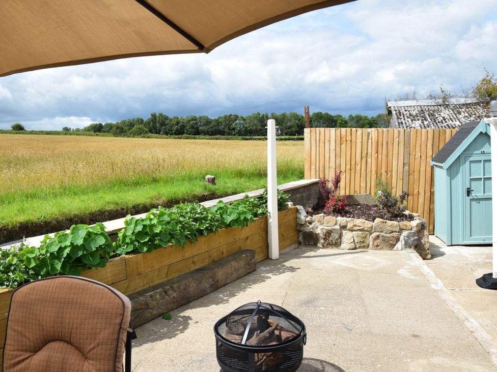 A garden with a fire pit and a garden shed at tbc 