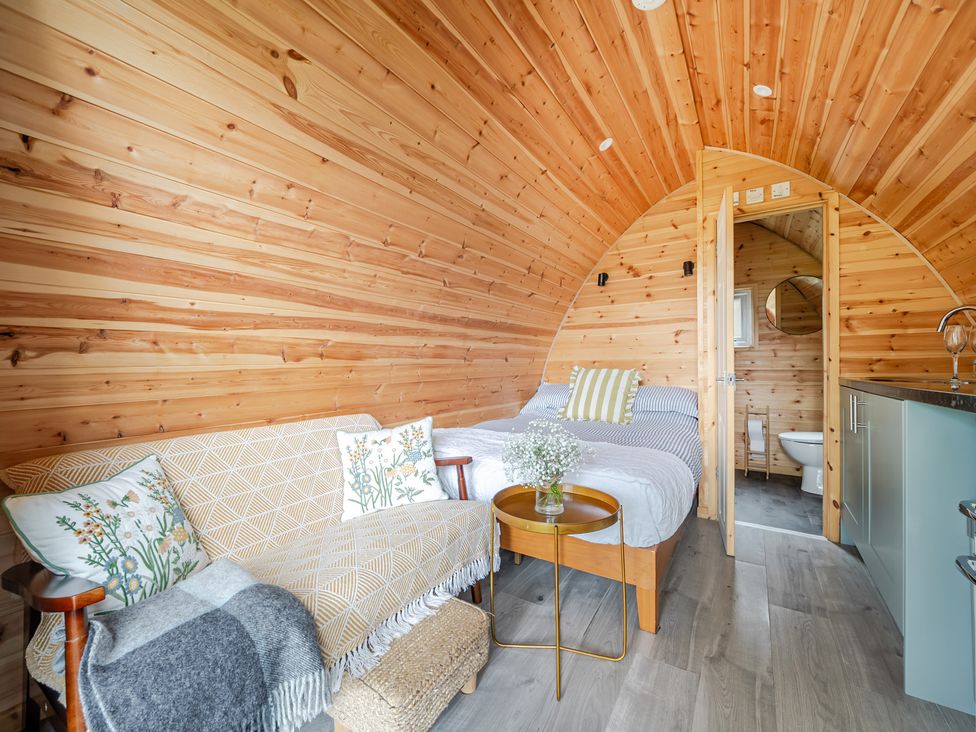 A studio with a couch and a bed at Peaceful pod with bay views, walk to 3 beaches in St Ives