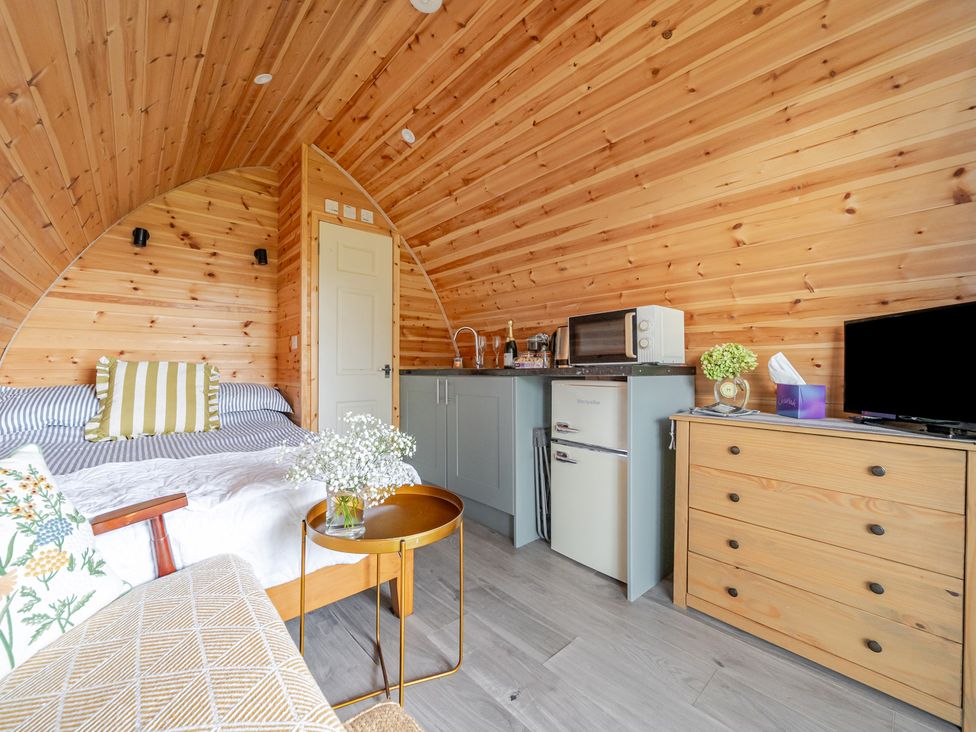A studio with a bed, kitchenette, and television at Peaceful pod with bay views, walk to 3 beaches, St Ives