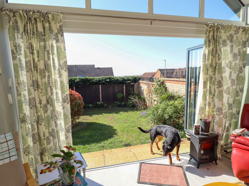 A conservatory with a dog and view of the garden at Seascape in Hunstanton