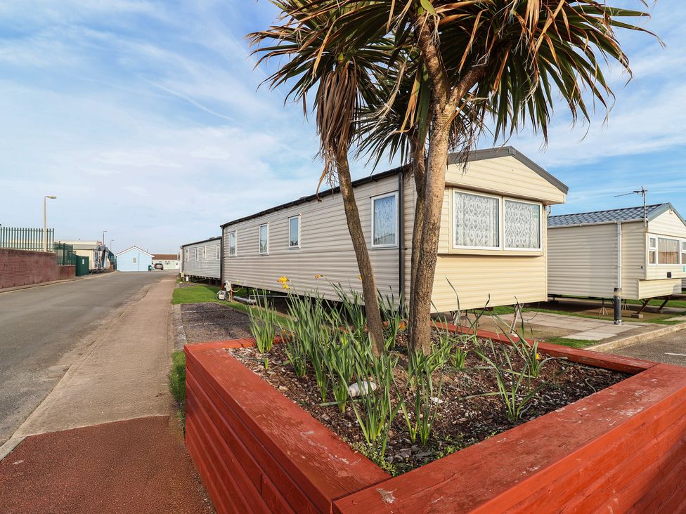 Caravans along a road with a palm tree and flower bed at Away Resorts - Golden Sands Holiday Park, Rhyl