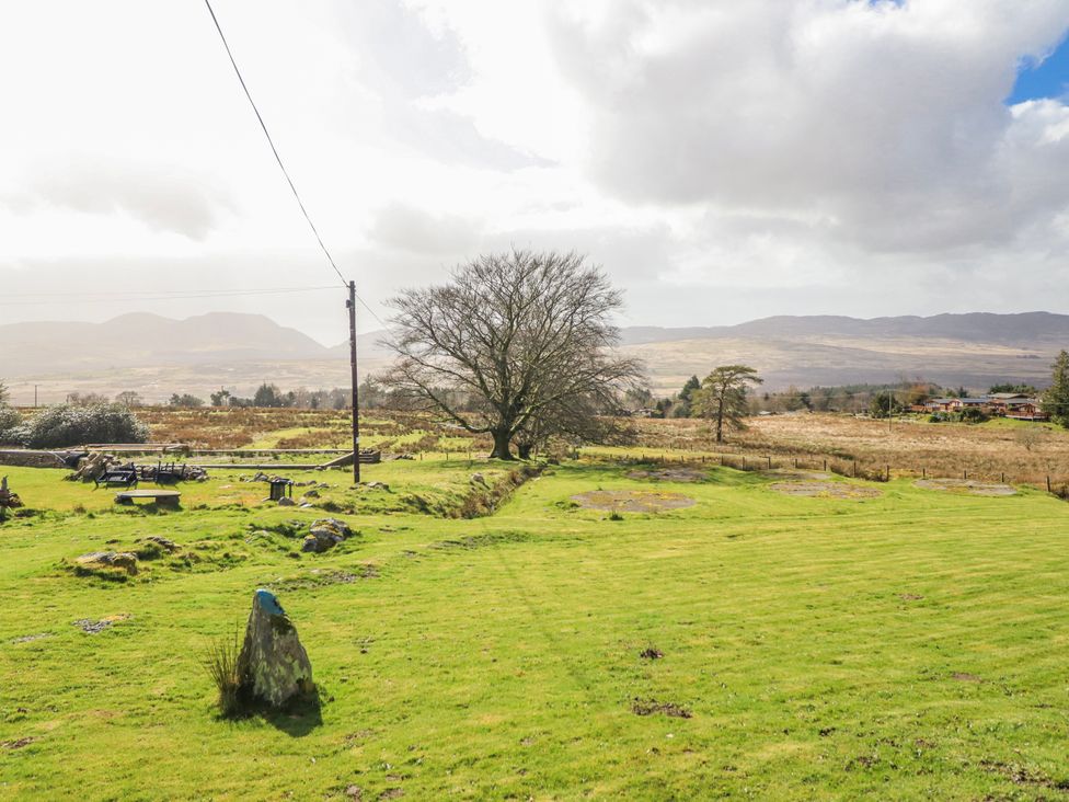 A view of a grassy area with a tree and mountains at The Romantic Hideaway at Rhiw Goch Inn Snowdonia National Park