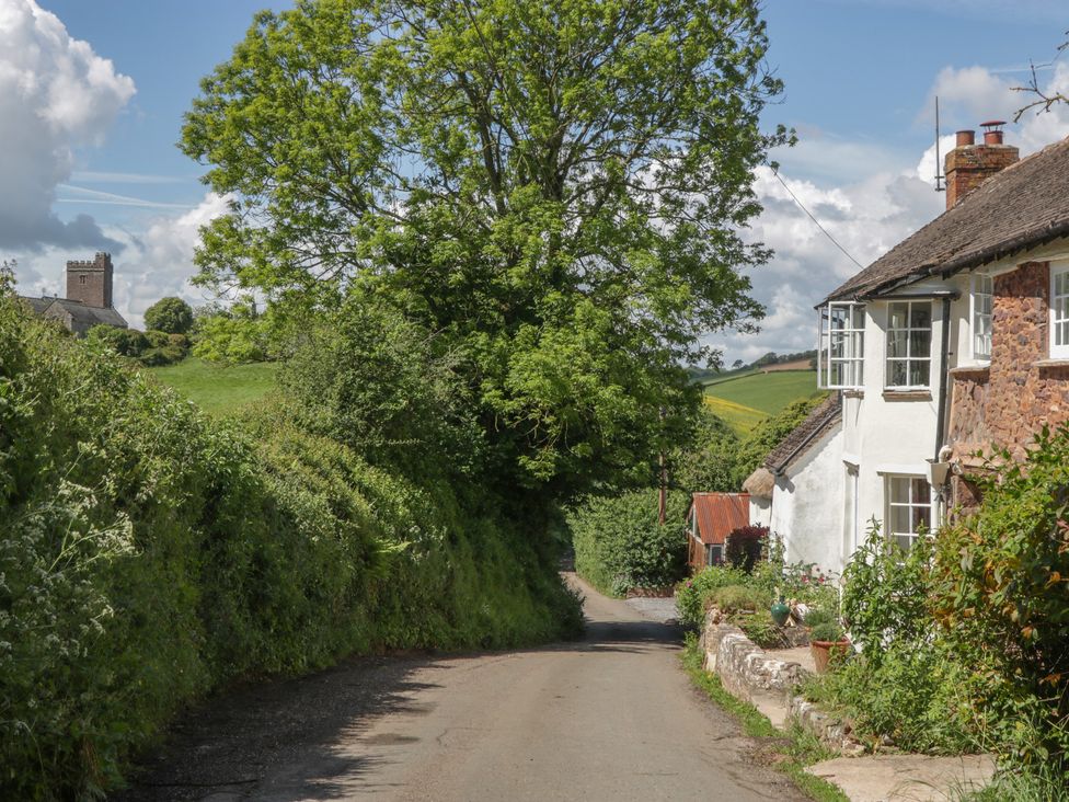 A road with cottages and a church tower at Upper Frogpool Cottage in Crediton