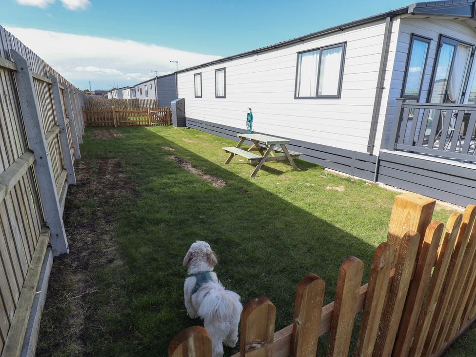 A garden with a dog and picnic table at Number 6 - Sandy Beach Holiday Park, Bacton
