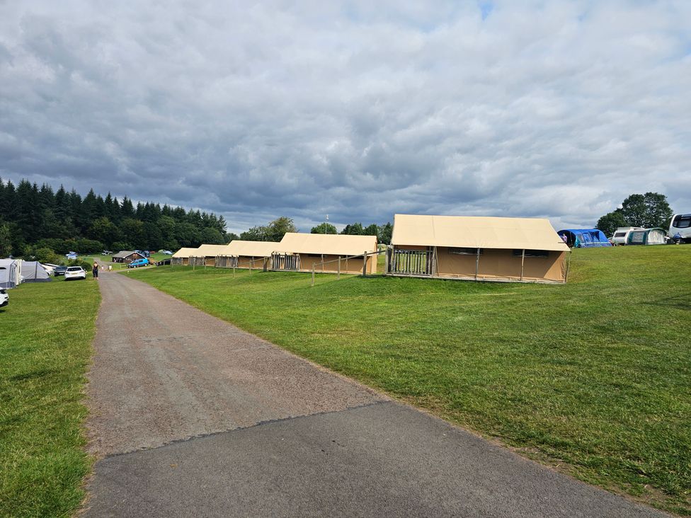 An outdoor area with tents and a road at Bracelands - Safari Tent 5 Coleford