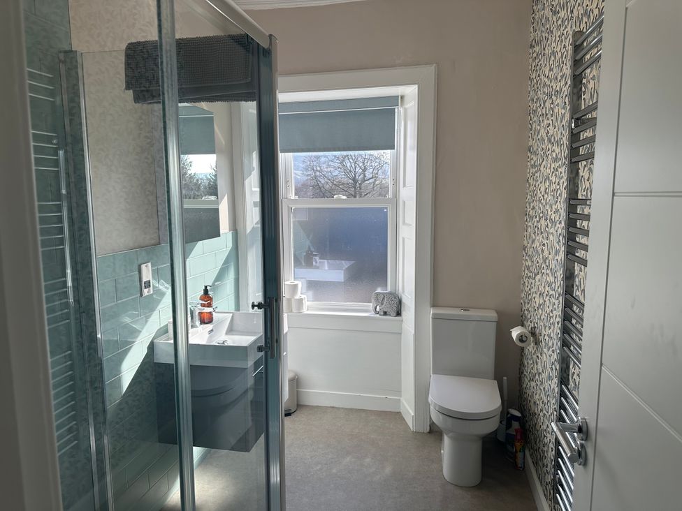 A bathroom with shower and sink at Broombank in Melrose