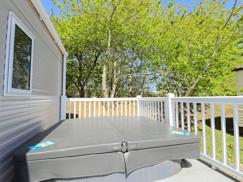 An outdoor area with a hot tub and a view of trees at 39 Larch View with hot tub Tattershall