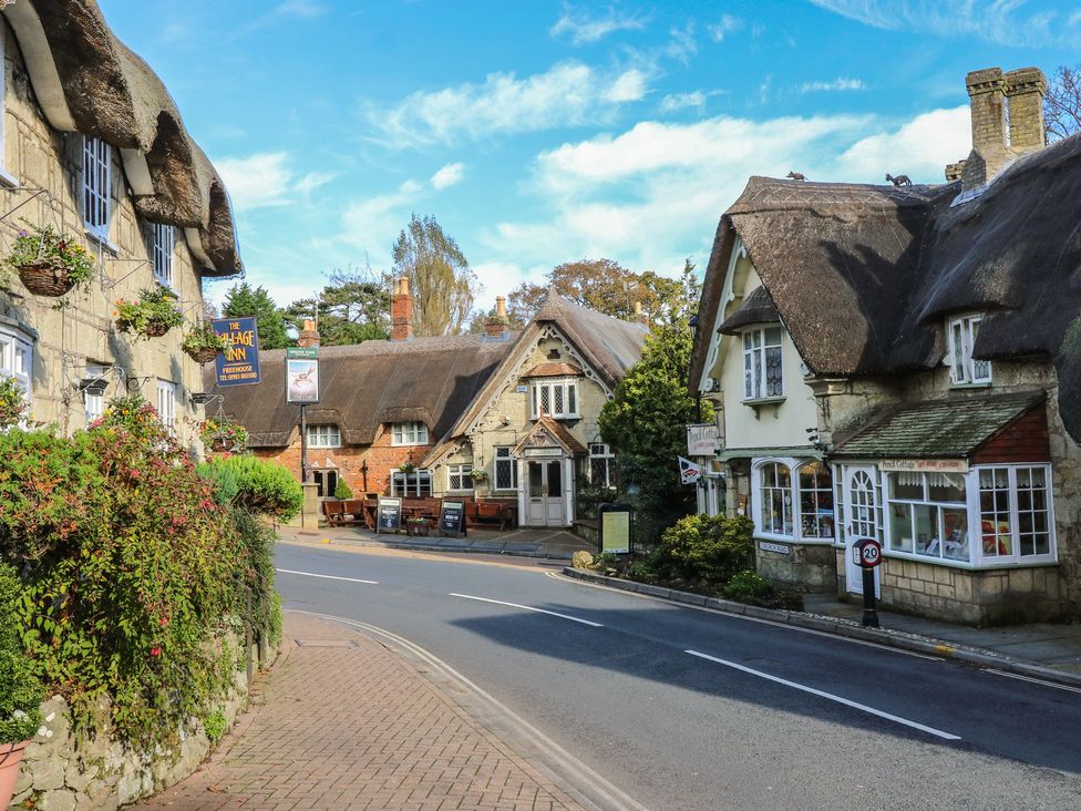 A street view showing thatched roof buildings at Bay Tree Cottage in Shanklin