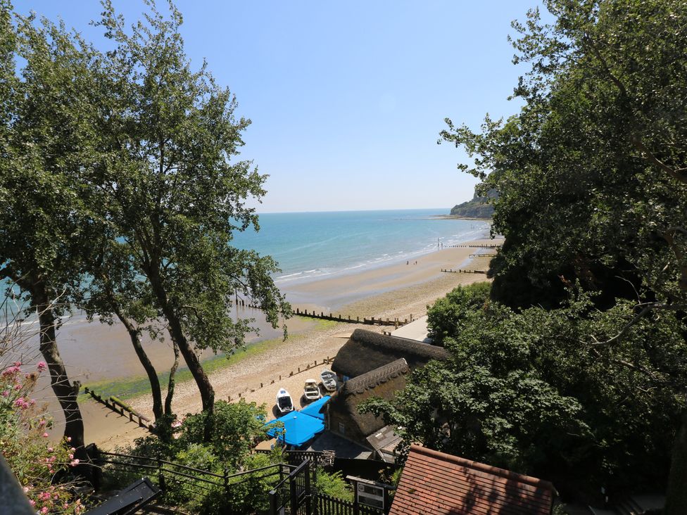 A beach view with trees and boats at Bay Tree Cottage in Shanklin