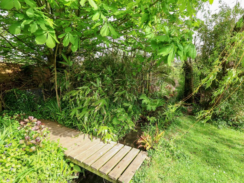 A garden with a wooden bridge and green plants at Millmead House in Portesham