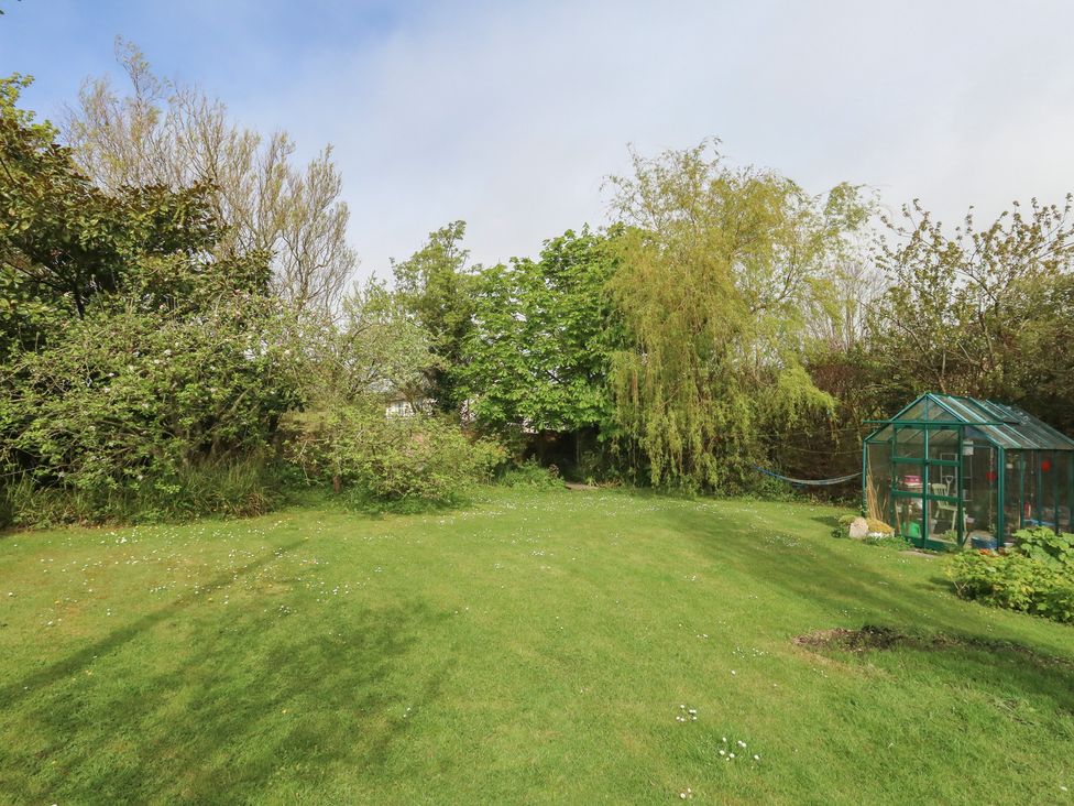A garden with grass and a greenhouse at Millmead House in Portesham
