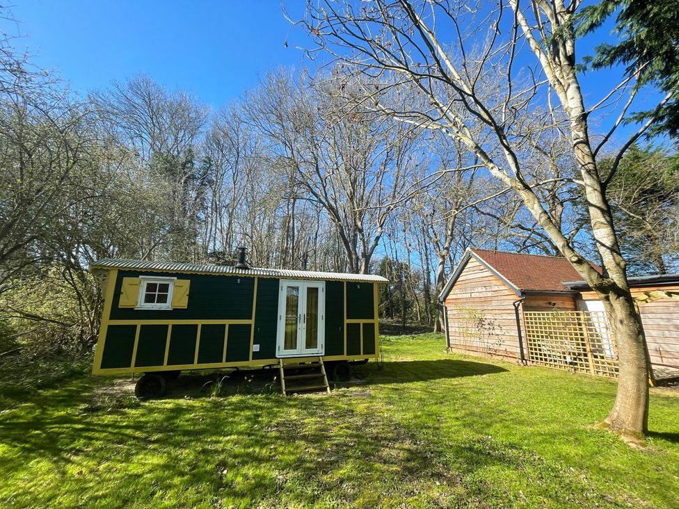 A cabin in a grassy area with trees around at The Shephards Hut in 
