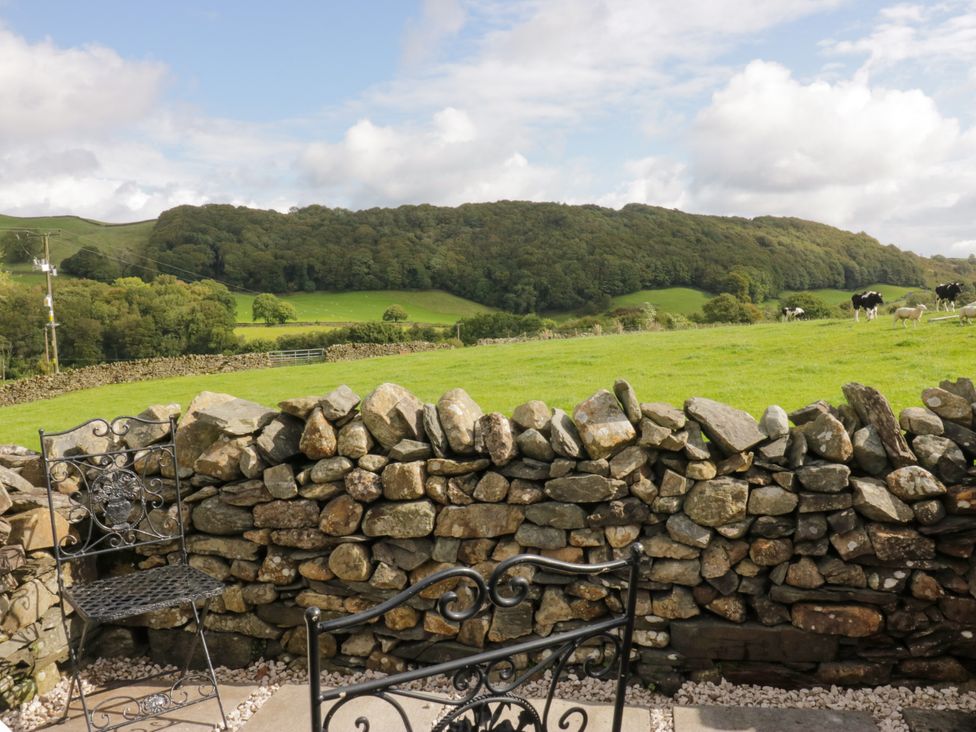 A view of a stone wall with a chair overlooking a field and cows at Corner Cottage Lowick Green near Ulverston