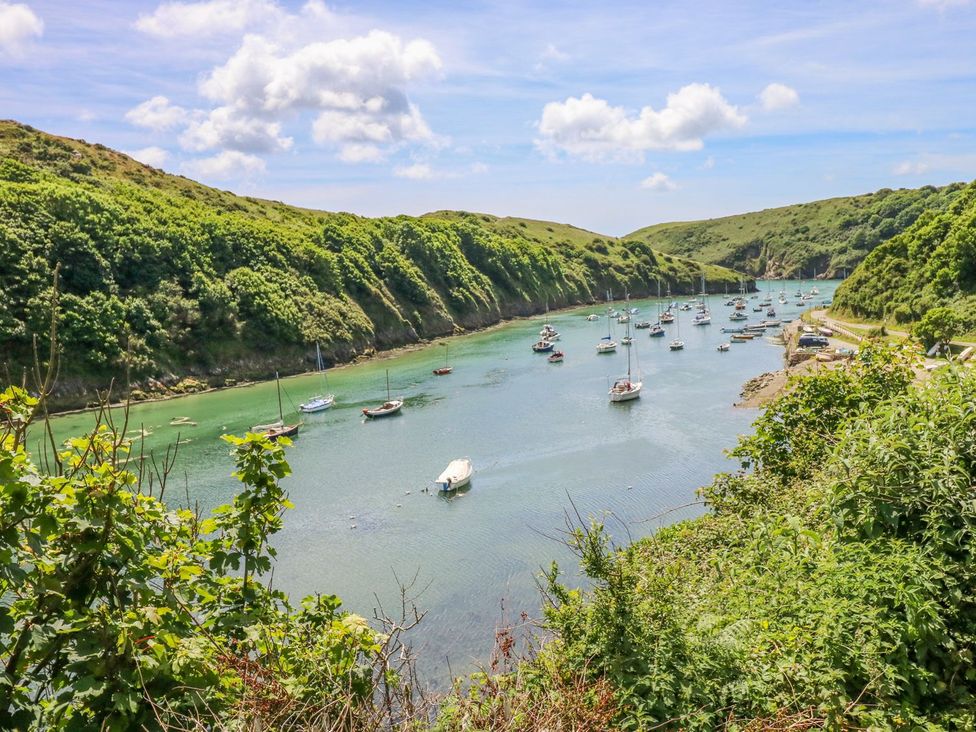 A view of a harbor with boats and green hills at Park Hall Cottage in Solva