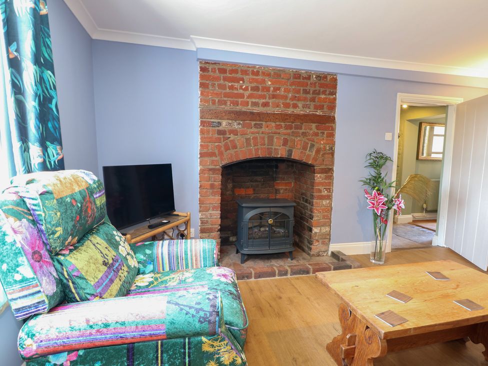 A living room with a fireplace and a television at The Old School House in Chichester