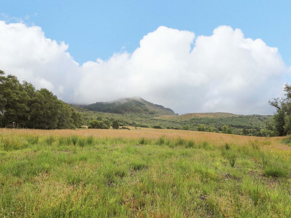 A grassy field with trees and mountains under a cloudy sky at Little Luxe Lodges 2 in Kyle