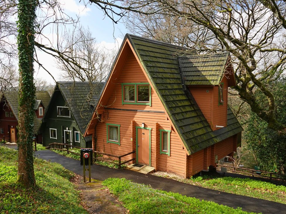 A house with a sloped roof among trees at Bracken Lodge in Finlakes Holiday Park near Chudleigh