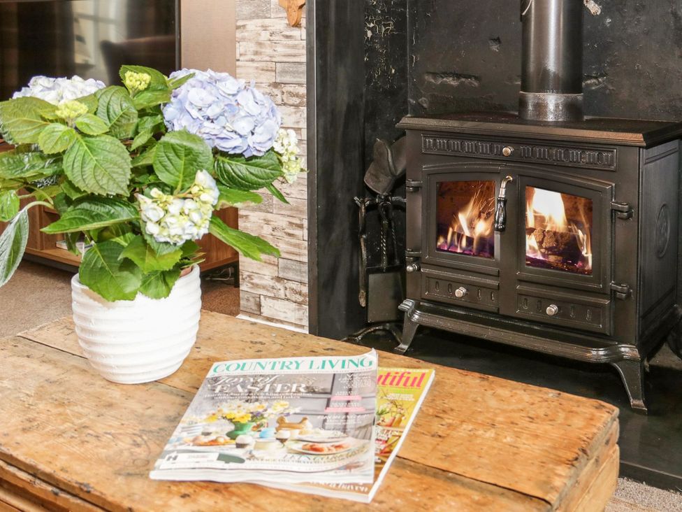A living room with a wood stove and a flower arrangement at 2 Old Coastguard House Beaumaris