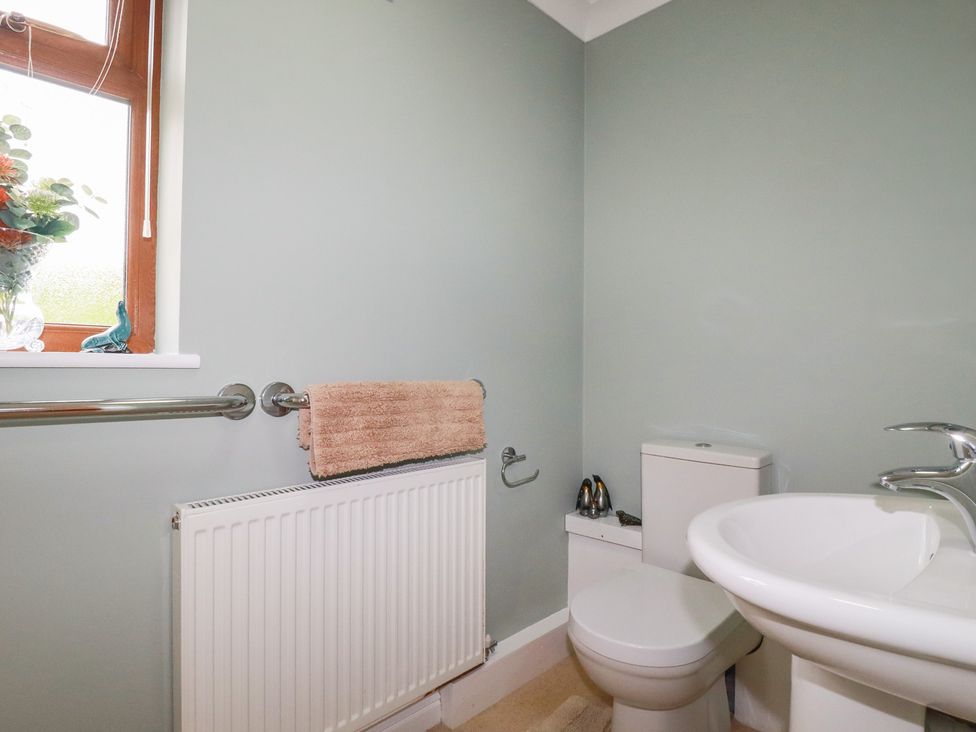 A bathroom with a toilet and sink at Honeysuckle Rise in Looe