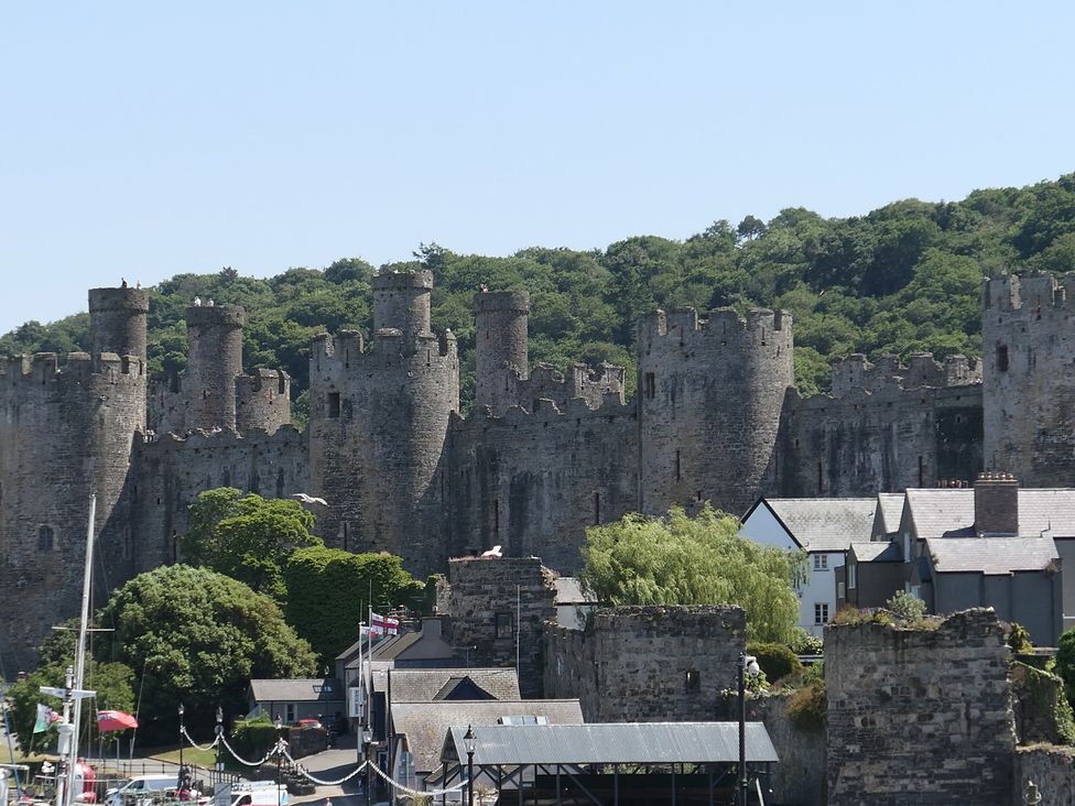A castle with towers and trees at 3 Newboro Terrace in Conwy