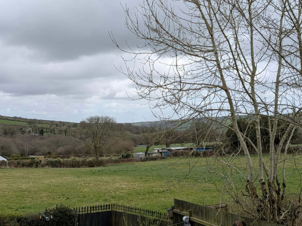 A view of a field with a tree and distant hills at Meadow Retreat in Wadebridge