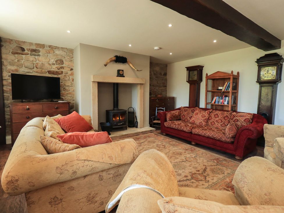 A living room with a television and fireplace at Ragged Hall Barn Settle