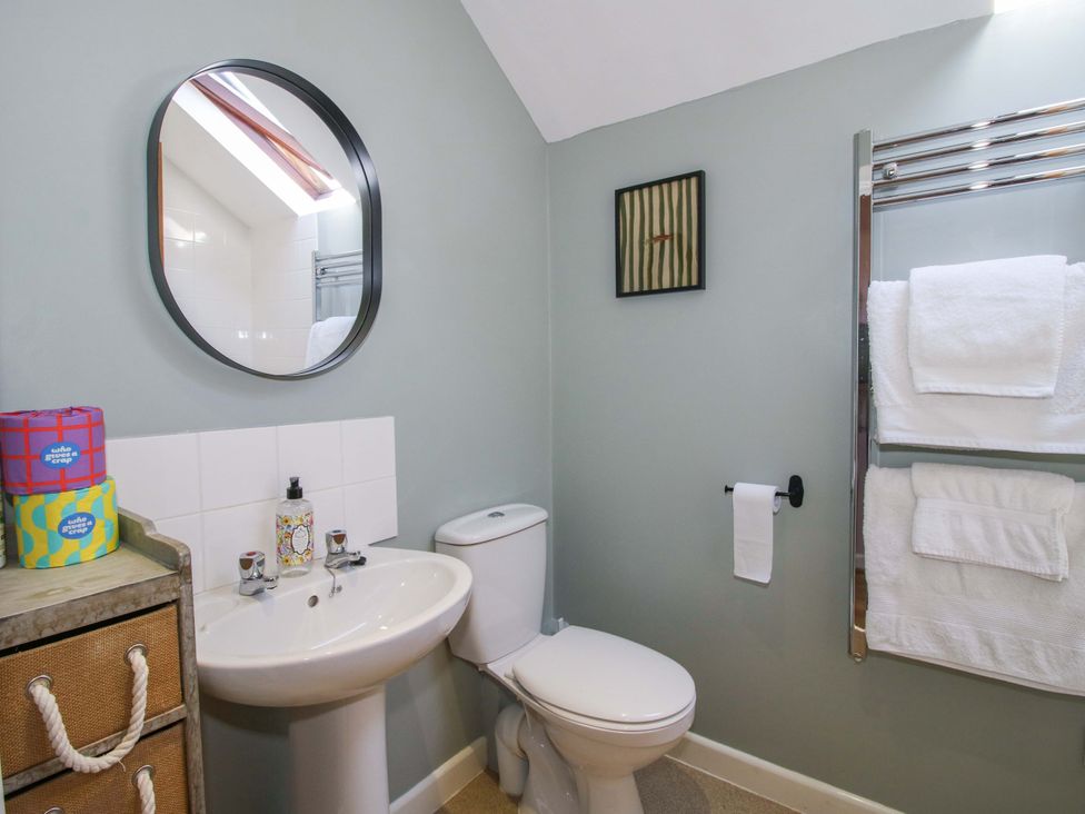 A bathroom with a sink and toilet at Pentwyn Barn Clyro