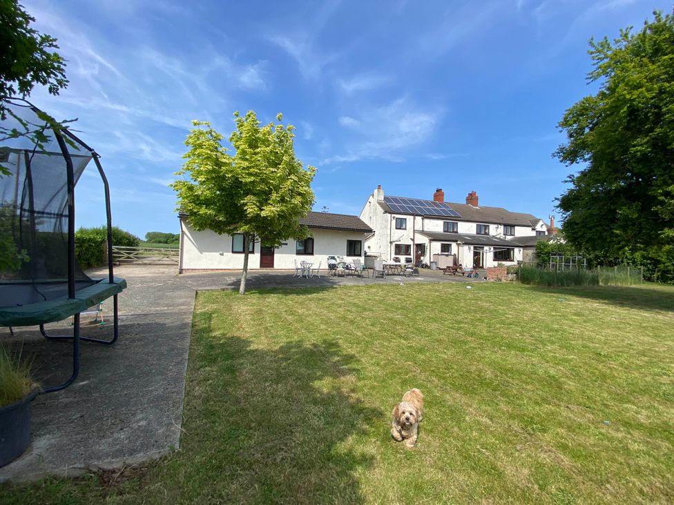 A garden with a house and dog at Cosy stable conversion between Sheffield & Leeds, Pontefract