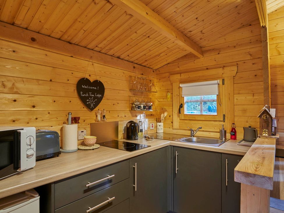 A kitchen with a sink and appliances at Cabin for 2 - Wood Burning Hot Tub & Fire in Larkhall