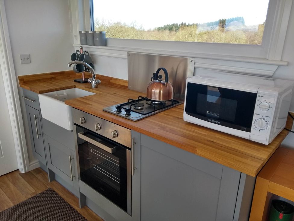 A kitchen with a sink stove and microwave at Cleeves Cabins 1 Ailsa Luxury Lodge with hot tub St. John's Town Of Dalry