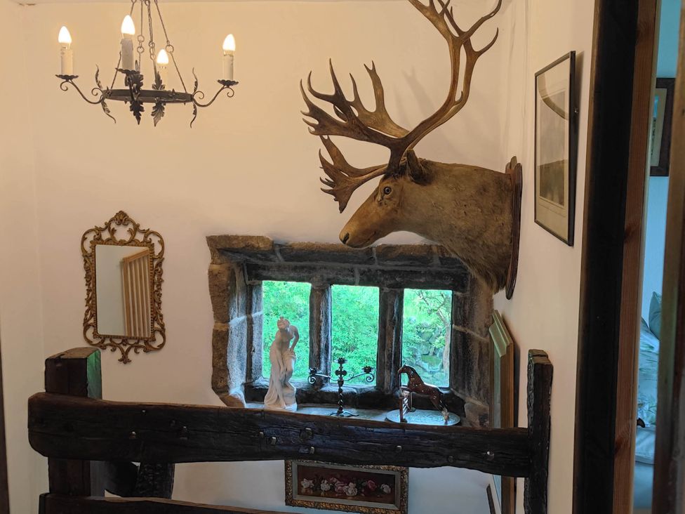 A staircase with a stag head and a window at 3 bedroom- Sleeps 6-Greave Farm Todmorden Cottage Todmorden