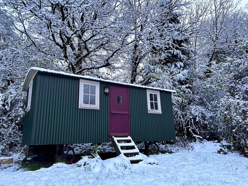 A cabin with a purple door and windows surrounded by snow at Cozy Cabin Retreat near Chepstow