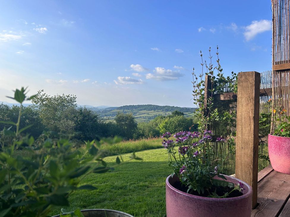 A view of a landscape with potted plants at Cozy Cabin Retreat near Chepstow