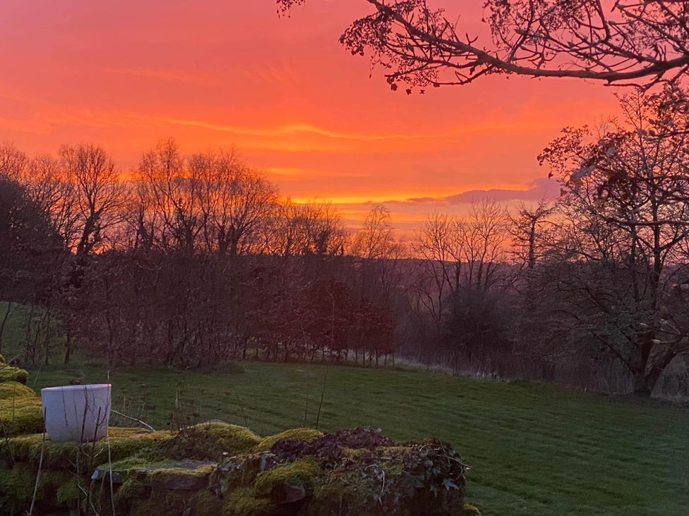 A sunset with trees and a field at Cozy Cabin Retreat near Chepstow