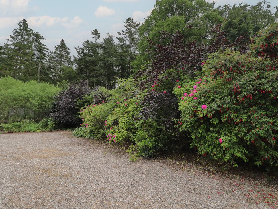 A garden with gravel surface and flowering bushes at Keepers Cottage in New Deer