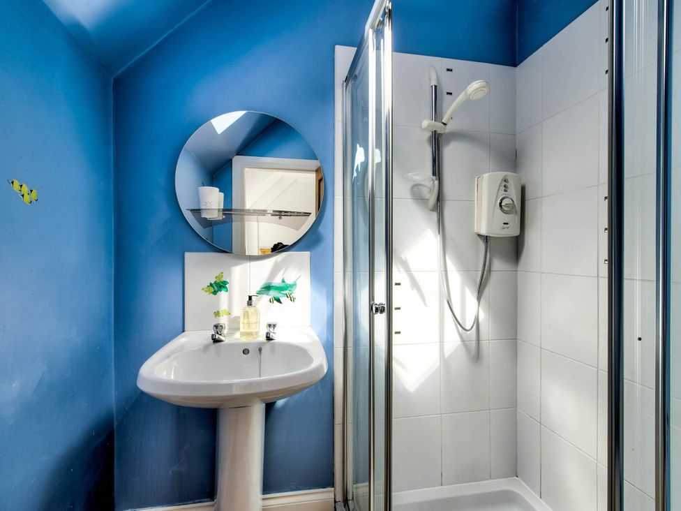 A bathroom with a sink and shower at Argyll Farmhouse-Idyllic Setting-Sleeps10 Dunoon